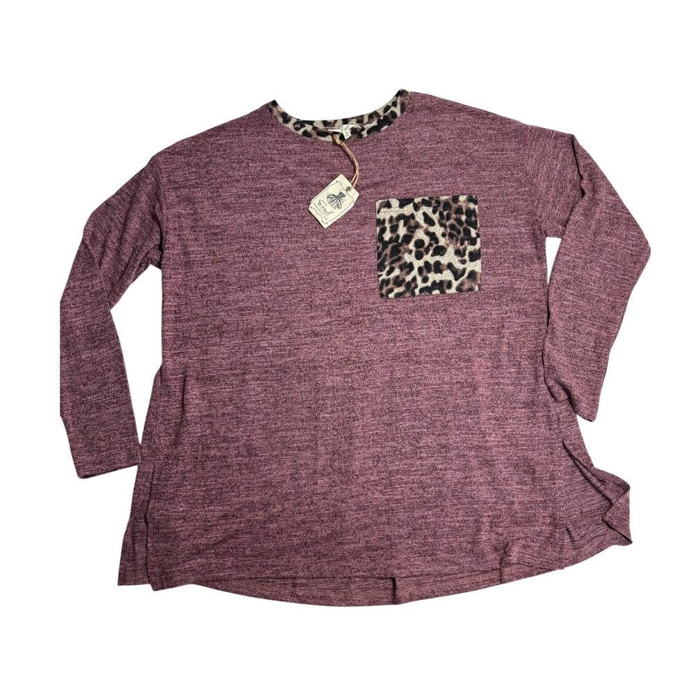 Easel Tunic Top Women's Size M Purple Leopard Print Pocket Babydoll Boho Laura